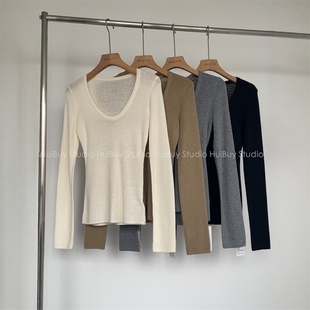 贩卖温柔丨高弹/含羊毛云朵感/微透时髦U领长袖薄针织打底衫女秋