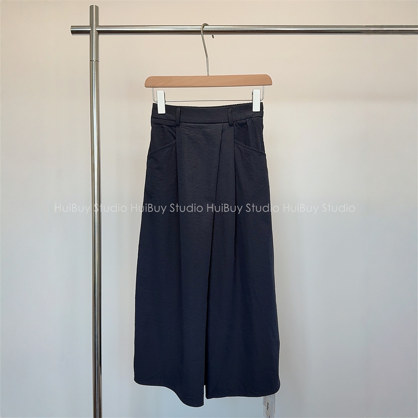 【会buy实拍】韩系简约藏青色松紧腰半身裙女休闲百搭口袋中长裙