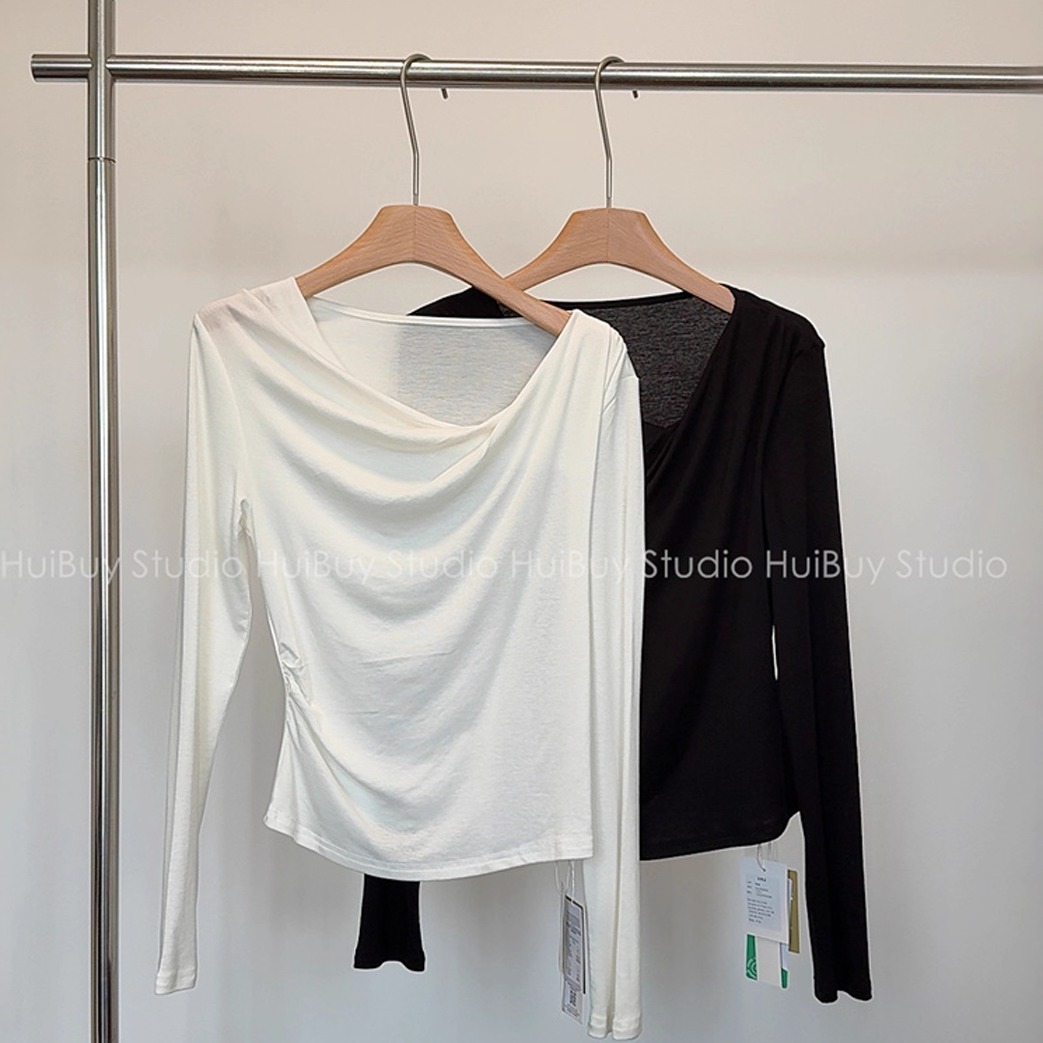 【会buy实拍】天丝羊毛巨洋气荡领修身显瘦百搭长袖T恤女打底衫秋