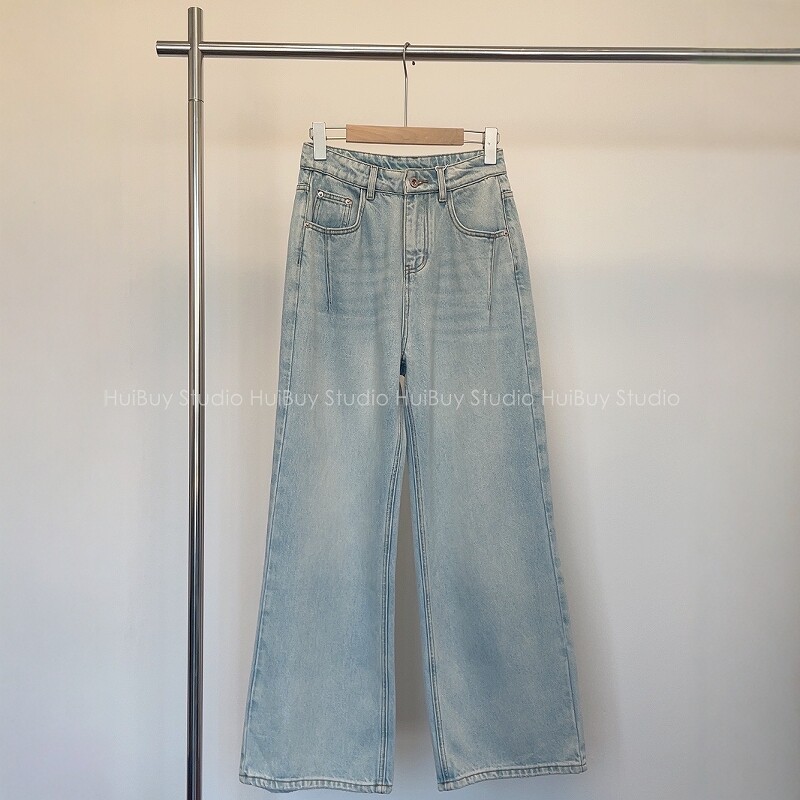 质感浅蓝色大长腿高腰显瘦宽松无弹直筒裤阔腿牛仔拖地裤女春新款