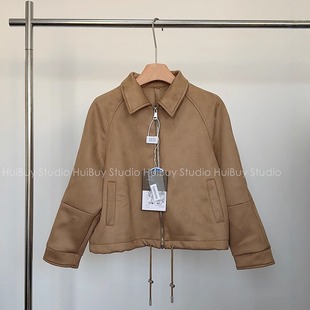 夹克上衣秋新 翻领外套680g高支高密麂皮绒抽绳短款 会buy实拍