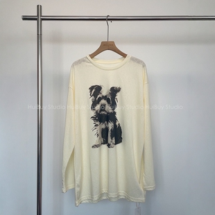 防晒T恤女新款 爽滑雪花棉春夏 小狗印花圆领宽松显瘦杏色打底长袖