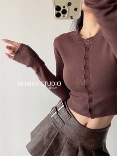 毛衣纯色咖上衣 女高腰单排扣长袖 法式 小众博主美拉德穿搭针织开衫