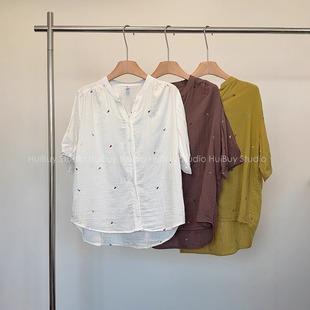 上衣 会buy实拍 老钱风白色刺绣衬衫 夏微胖mm宽松洋气灯笼短袖