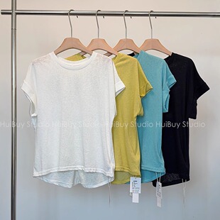 会buy实拍 宽松纯色基础款 百搭卷边袖 T恤女夏季 上衣 圆领短袖