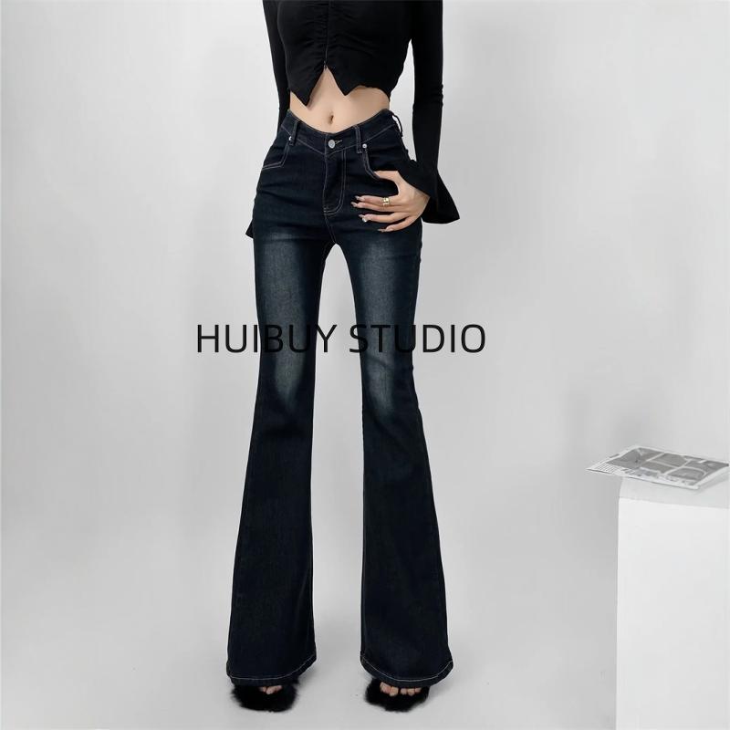 超模大长腿！致命腰精复古弹性微喇牛仔裤怀旧辣妹性感V腰喇叭裤