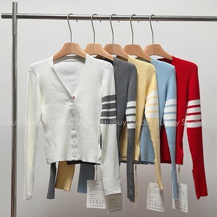 会buy实拍 显瘦V领长袖 四条杠撞色开衫 外套修身 针织衫 毛衣短款