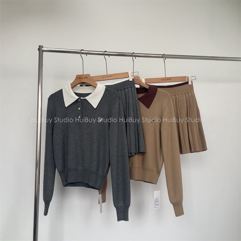 飒美姐姐学院运动风短裙套装复古POLO领长袖针织高腰百褶裙两件套