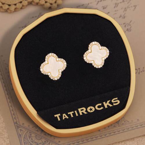 丹麦【设计师】Tatirocks满钻贝母四叶草耳钉高级感轻奢领针耳环