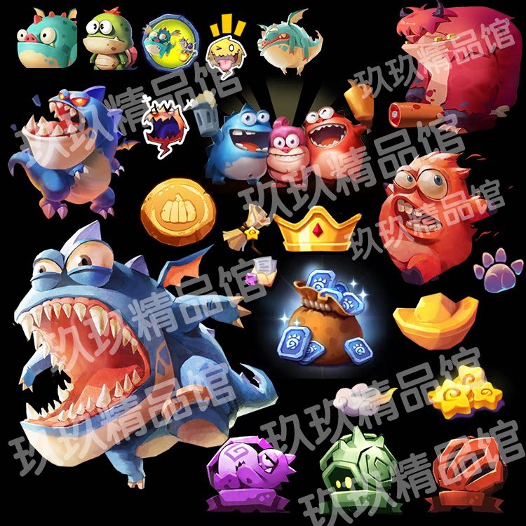 贪吃小怪兽 欧美手游美术素材小怪物 地图场景宣传图透明道具底