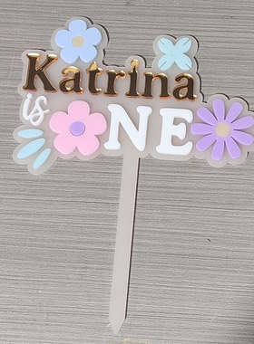 定制花朵字母名字亚克力生日蛋糕周岁百天插牌甜品装饰caketopper
