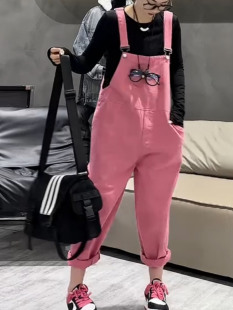 网红同款粉色牛仔背带裤女欧货潮牌小个子显高时尚洋气直筒阔腿裤