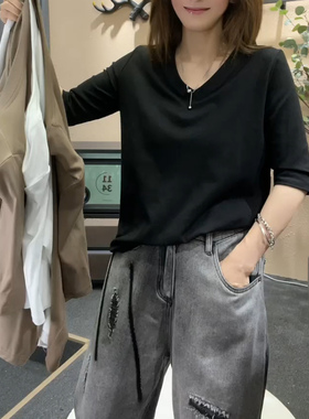欧货2024春夏装新款宽松版显瘦纯色V领五分袖T恤女弹力上衣打底衫