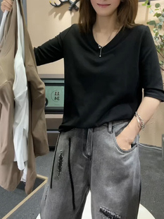 宽松版 T恤女弹力上衣打底衫 显瘦纯色V领五分袖 欧货2024春夏装 新款