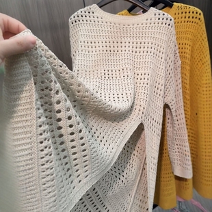 宽松针织上衣女 显瘦百搭圆领套头镂空侧开衩长款 欧货2025春季 新款