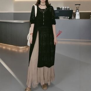 欧货2026春新款慵懒风镂空针织衫女长款开衩宽松显瘦百搭毛衣上衣