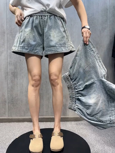 欧货宽松大码胖妹妹牛仔短裤女2025年新款夏季松紧腰A字版阔腿裤