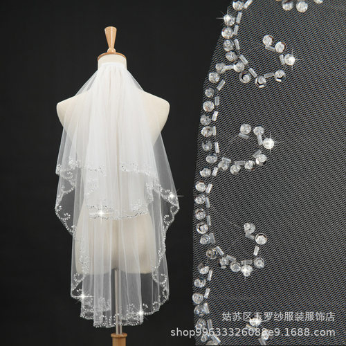 双层手工缝珠串珠头纱结婚拍照