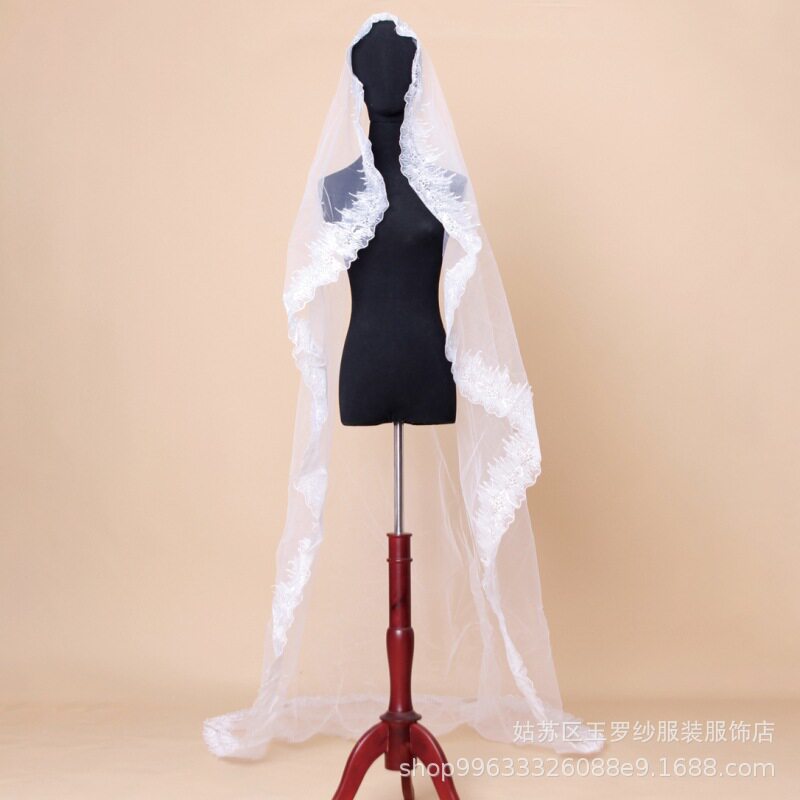 欧美主婚蕾丝港风超长拖尾软头纱