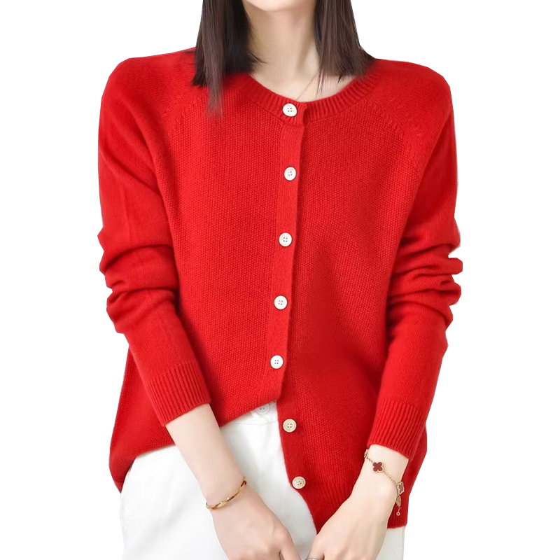 億羊純春秋大紅毛衣女本命年通勤外套長袖上衣單排扣寬松針織開衫