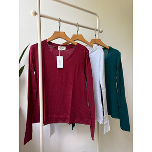 AMV American vintage原版面料法式舒适慵懒感V领长袖打底衫T恤