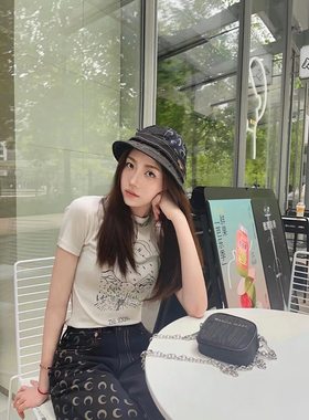 marine serre2024夏季塔罗牌月亮弹力修紧身短半袖T体恤上衣女士