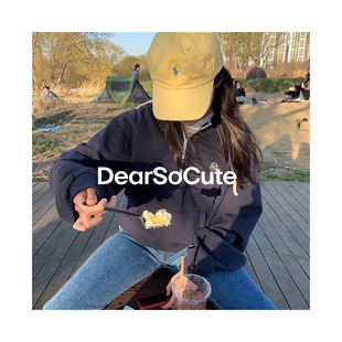 recto白鹿同款刺绣logo宽松套头拉链抽绳连帽卫衣蓝色