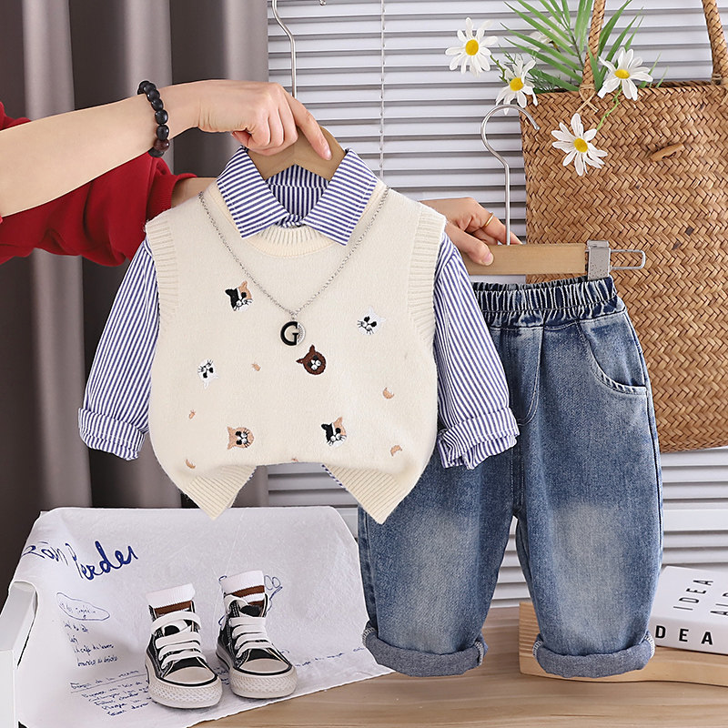 儿童春装1-2-3-4岁男宝宝洋气毛衣马甲三件套小童秋季套装婴儿潮5