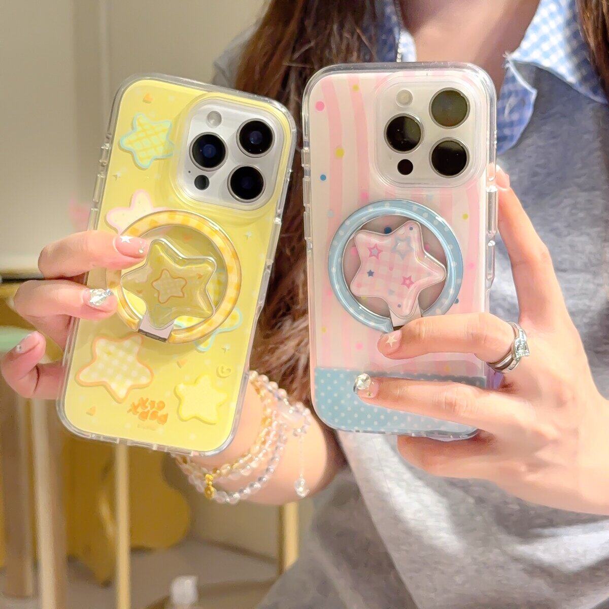 ins粉色条纹波点磁吸星星支架适用苹果16promax手机壳iphone15新款14pro少女心高级感13全包保护套