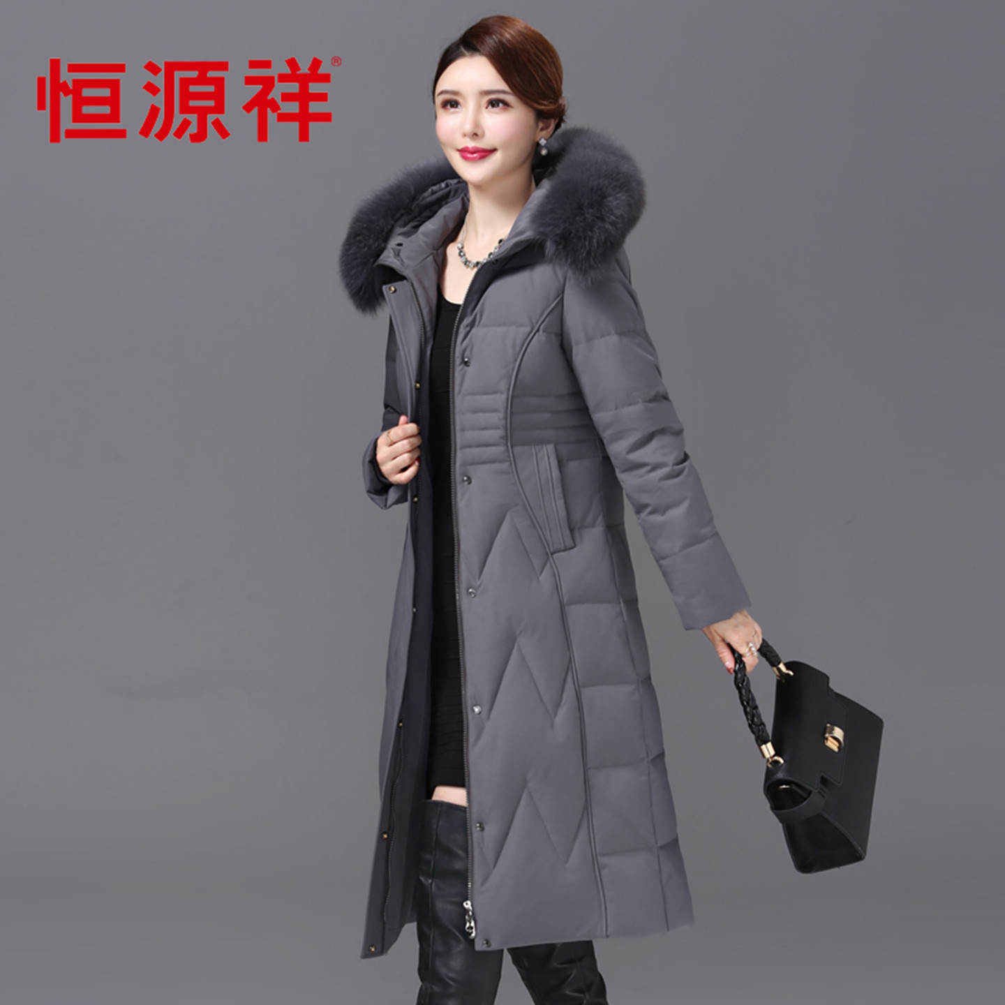 恒源祥妈妈装中老年过膝长款修身羽绒服女新款加厚活帽品牌外套