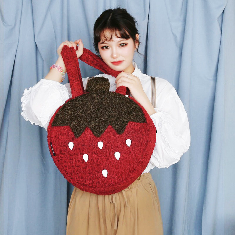 三色补丁草莓圣诞毛绒包包女日系软妹少女手提包新年礼物可爱单肩