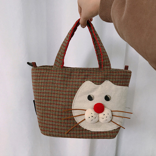 三色补丁红鼻子猫毛呢小拎包