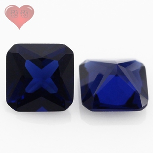 34#蓝纳米人造蓝宝石正方倒角车花戒面裸石 宝石镶嵌耳夹项链