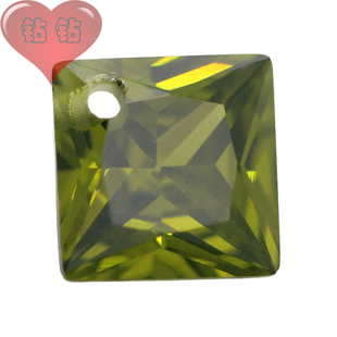 正方直角橄榄绿色锆石边线单孔裸石 人造公主方打孔钻耳钉吊坠