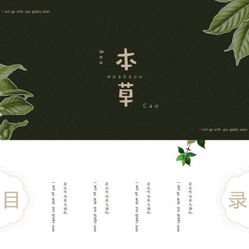 XY168绿色ppt模版植物系淡雅中草药中国风简约深绿色叶子复古汇报
