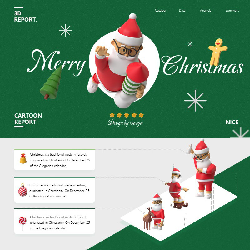 XY263圣诞风格PPT模版3D圣诞节绿色红色卡通校园高端创意时尚艺术