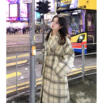 韩剧女主奶fufu外套冬高级感灰粉格纹大衣小个子中长款外套女秋冬