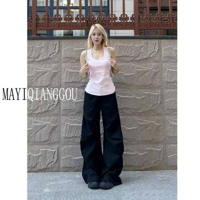 175高个子加长版美式复古黑色阔腿西装裤女高腰直筒工装裤拖地裤