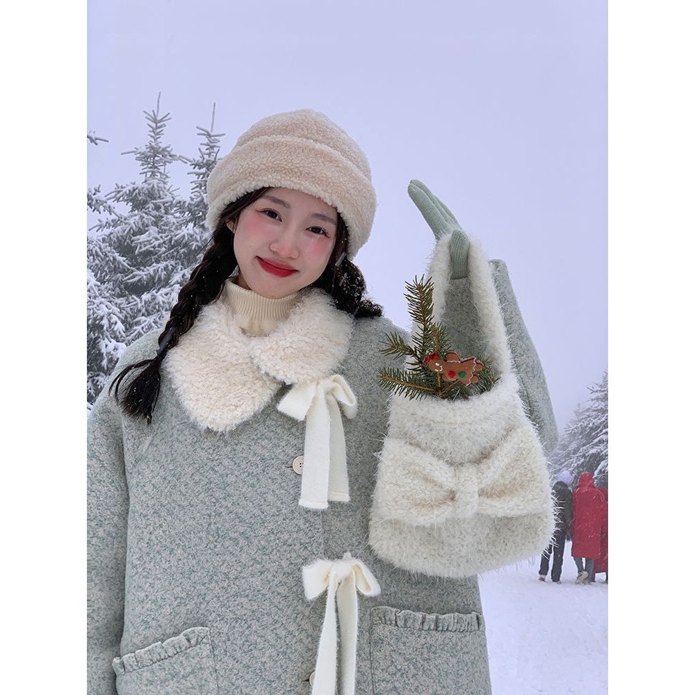 毛毛娃娃领加厚外套女冬季斜门襟绿色中长款毛呢甜美森系可爱大衣