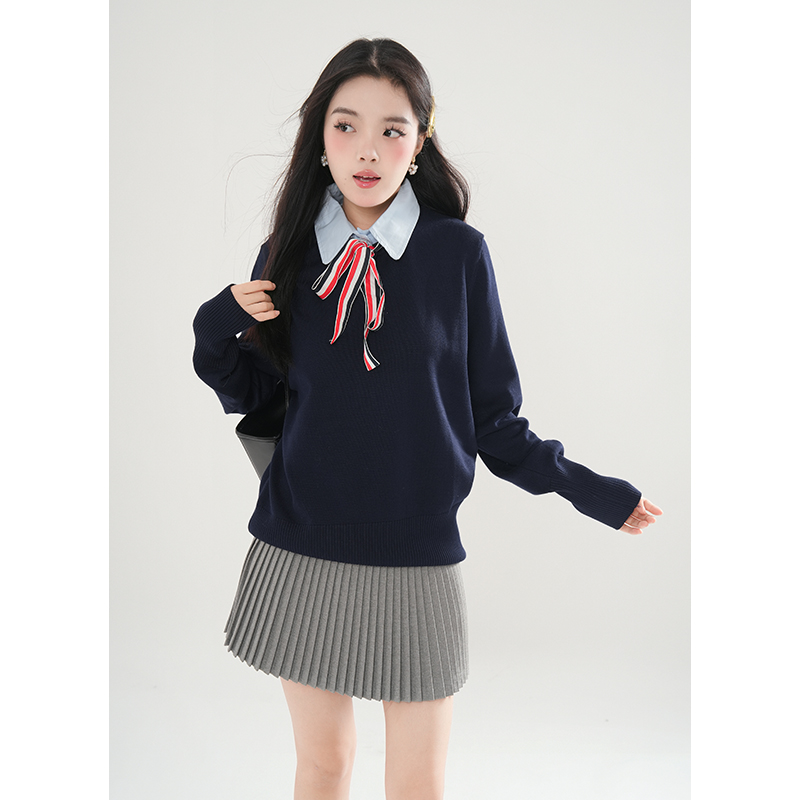 「洛斯顿章序」早秋撞色针织毛衣tb风英伦学院风假两件上衣+半裙