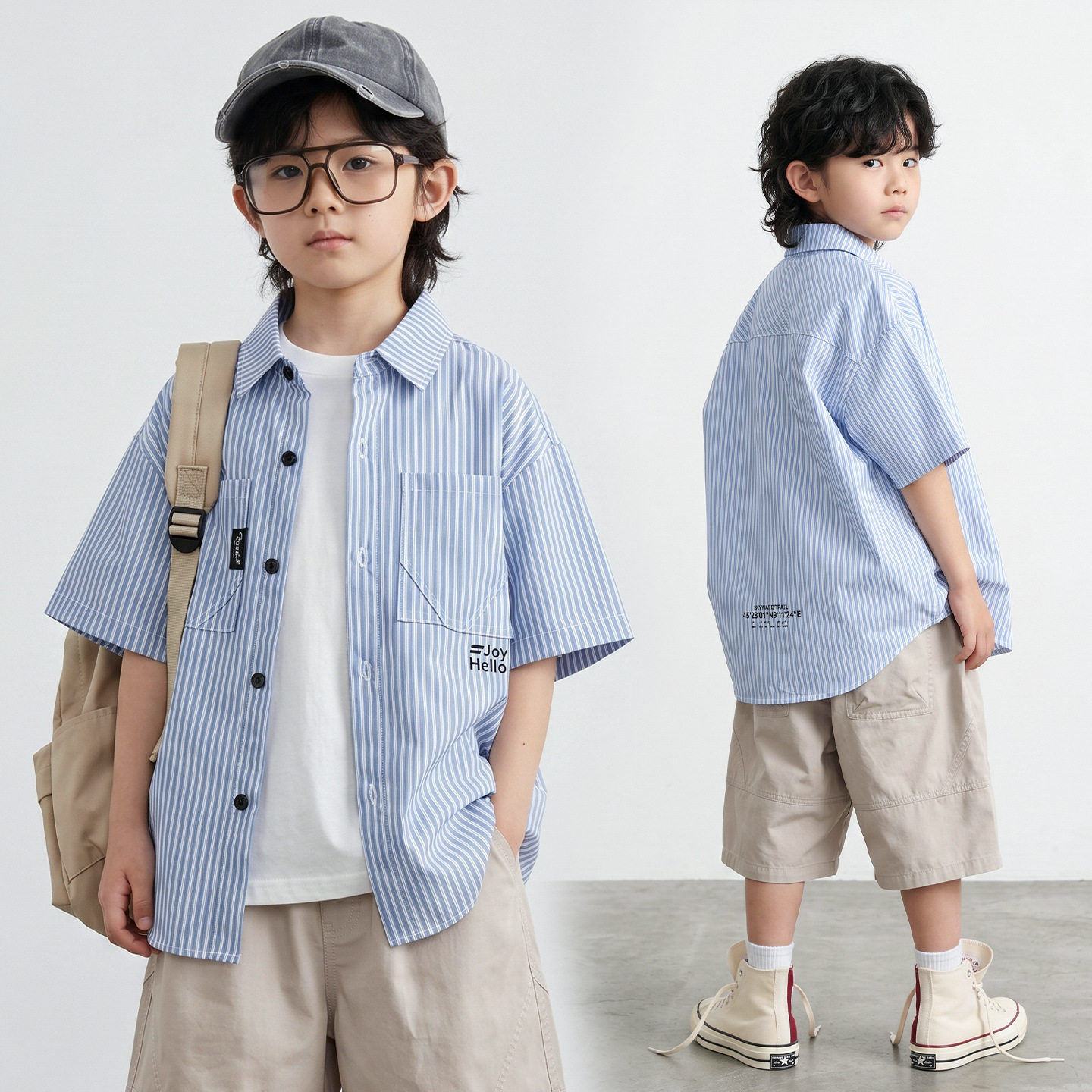 男童短袖衬衫2026夏装新款儿童中大童男孩夏季条纹印花半袖上衣潮