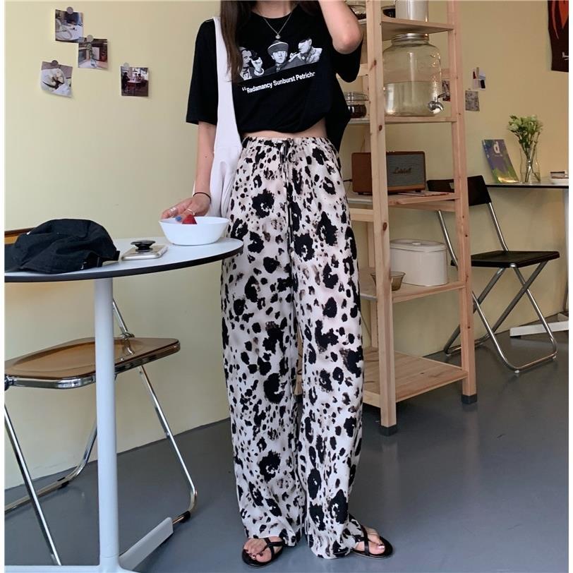 Wide leg pants women's high waisted leopard print thin summer new ins loose floor pants show thin straight casual pants