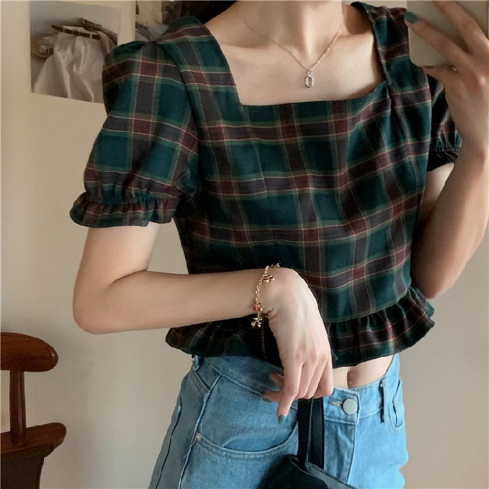 Chic Hong Kong style design sense small retro Bubble Sleeve Plaid short women's Shirt Top