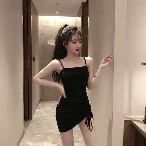 New sexy suspender gas girlfriends short sleeved dress women's summer drawstring shows thin buttocks