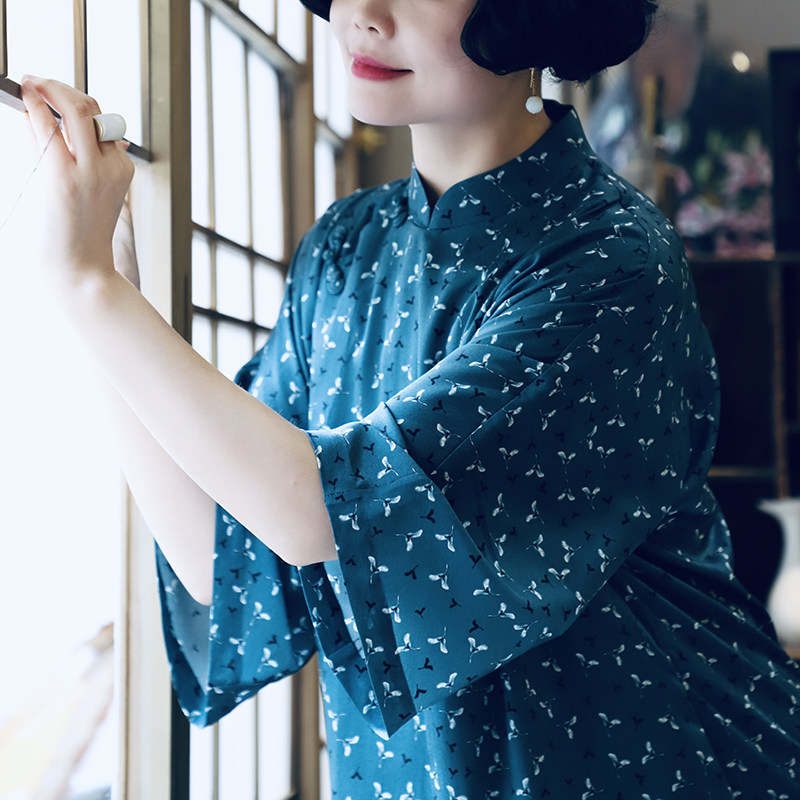 婵语豆豆 设计师民国风真丝印花长款立领七分袖宽松遮肉旗袍