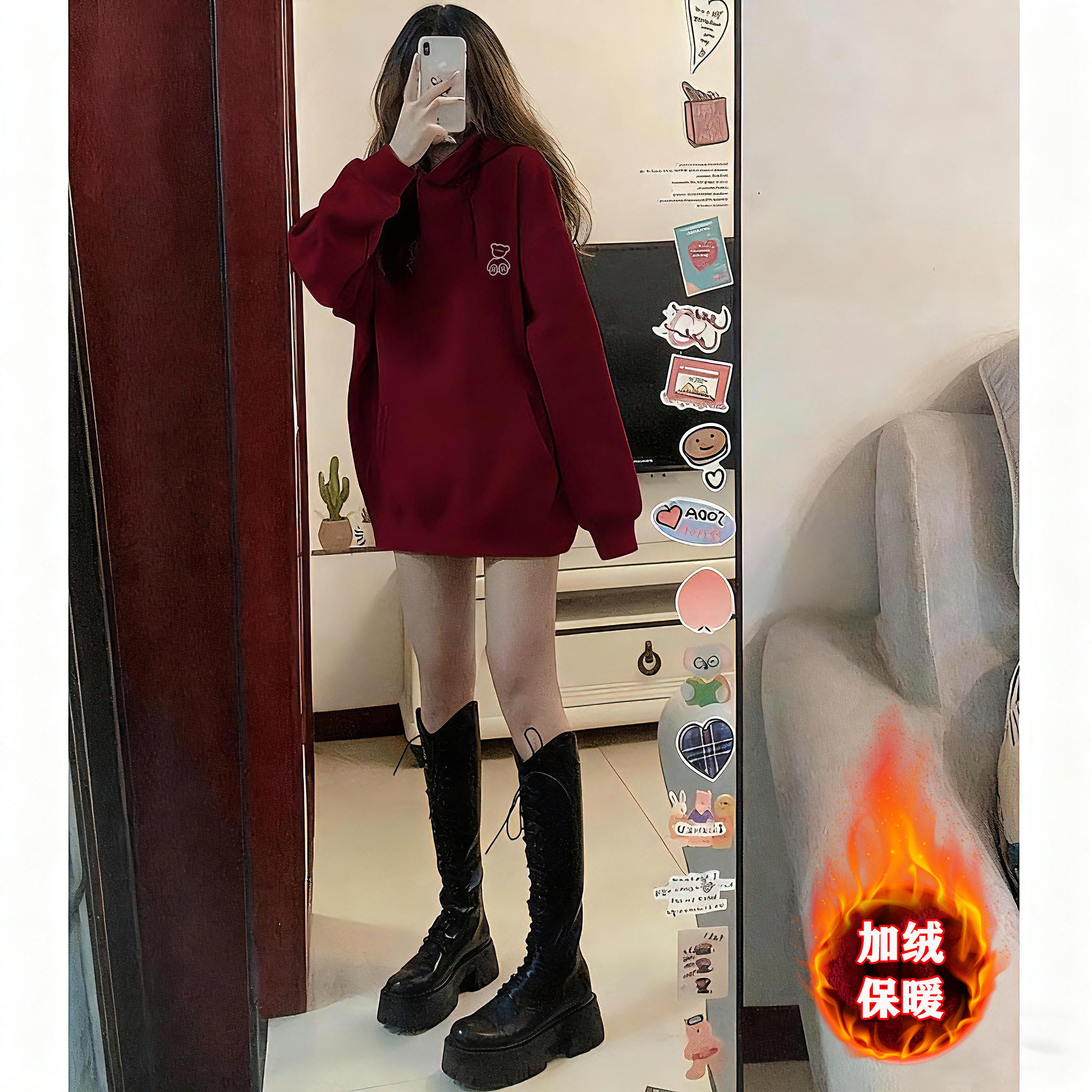 深圳南油酒红连帽卫衣女加绒加厚秋冬宽松小熊慵懒中长款上衣外套