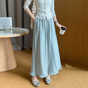 女 休闲裤 2026春夏新款 显瘦设计感木耳边高腰宽松大摆阔腿A字裙裤