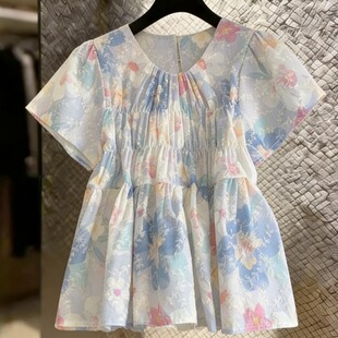 今年新品 爆款 韩版 衬衫 女夏季 油画刺绣碎花褶皱飞飞袖 2026夏季