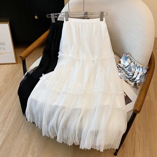 高级感网纱拼接大摆百褶裙女2026新款 a字蛋糕裙中长半身纱裙