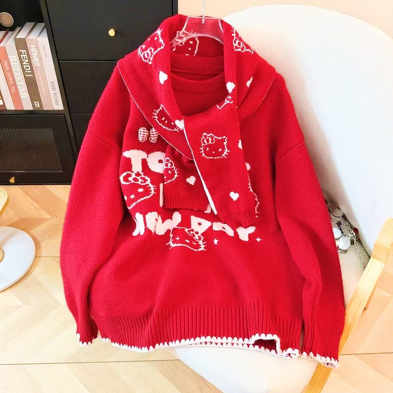 复古圣诞kitty猫软糯毛衣女冬2025内搭外穿慵懒风针织上衣配围巾